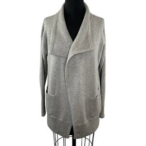 White + Warren Gray Beige Open Front Drape Snap Collar Pocket Cardigan Sweater S